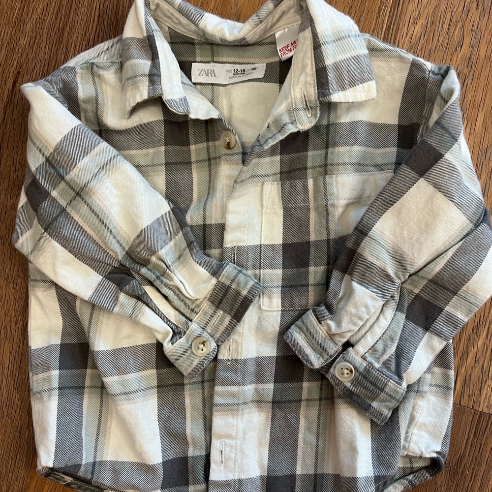 Zara Kids Checkered Shirt - Gray, White, and Green